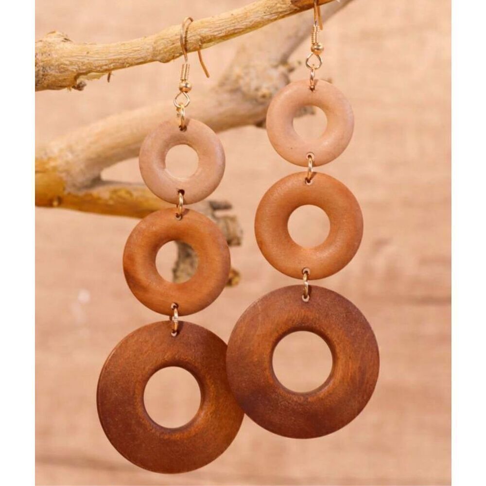 Handcrafted Brown Wooden Hoop Drop Earrings